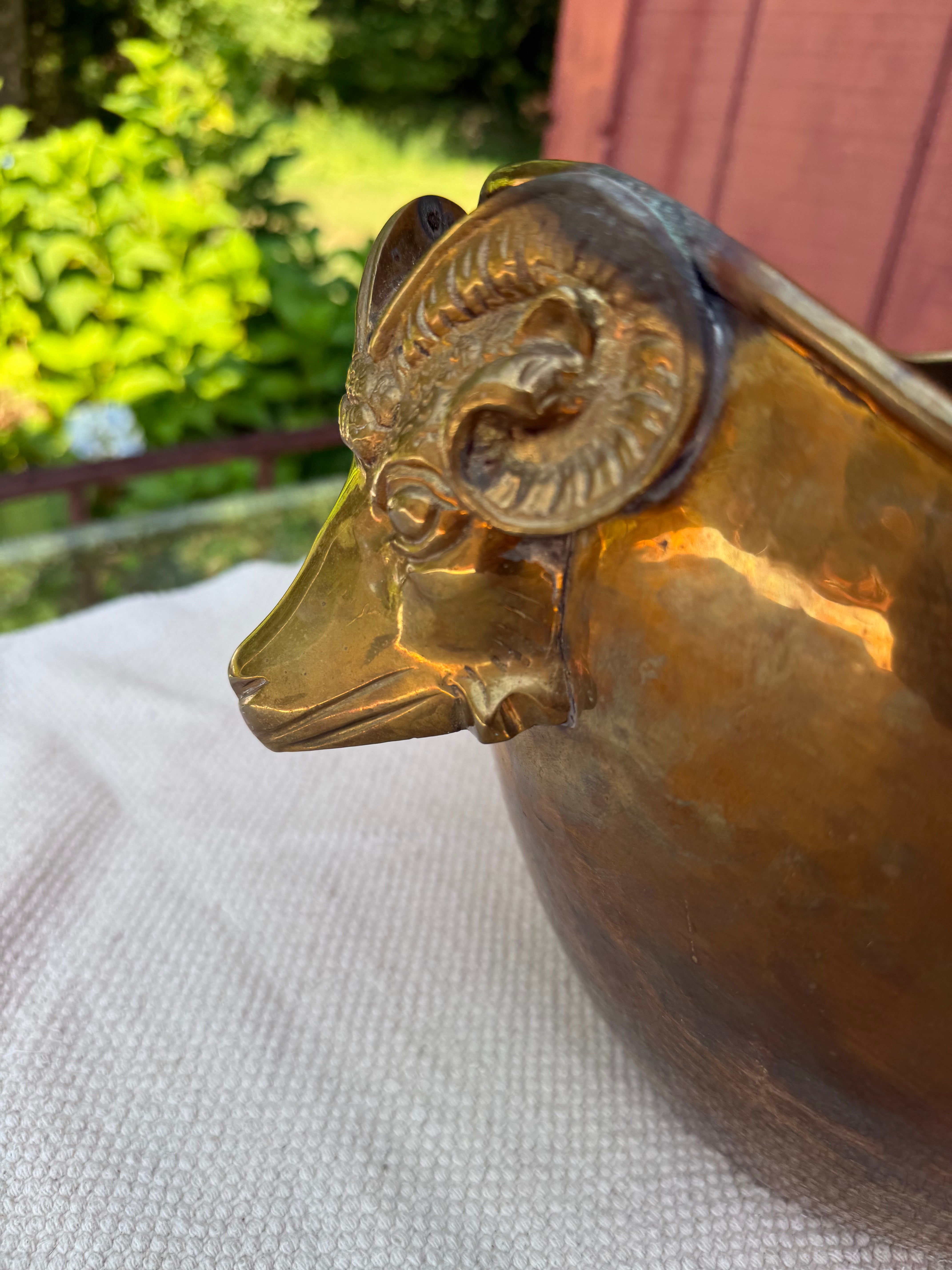 Vintage Brass Jardiniere with Ram Head Mounts