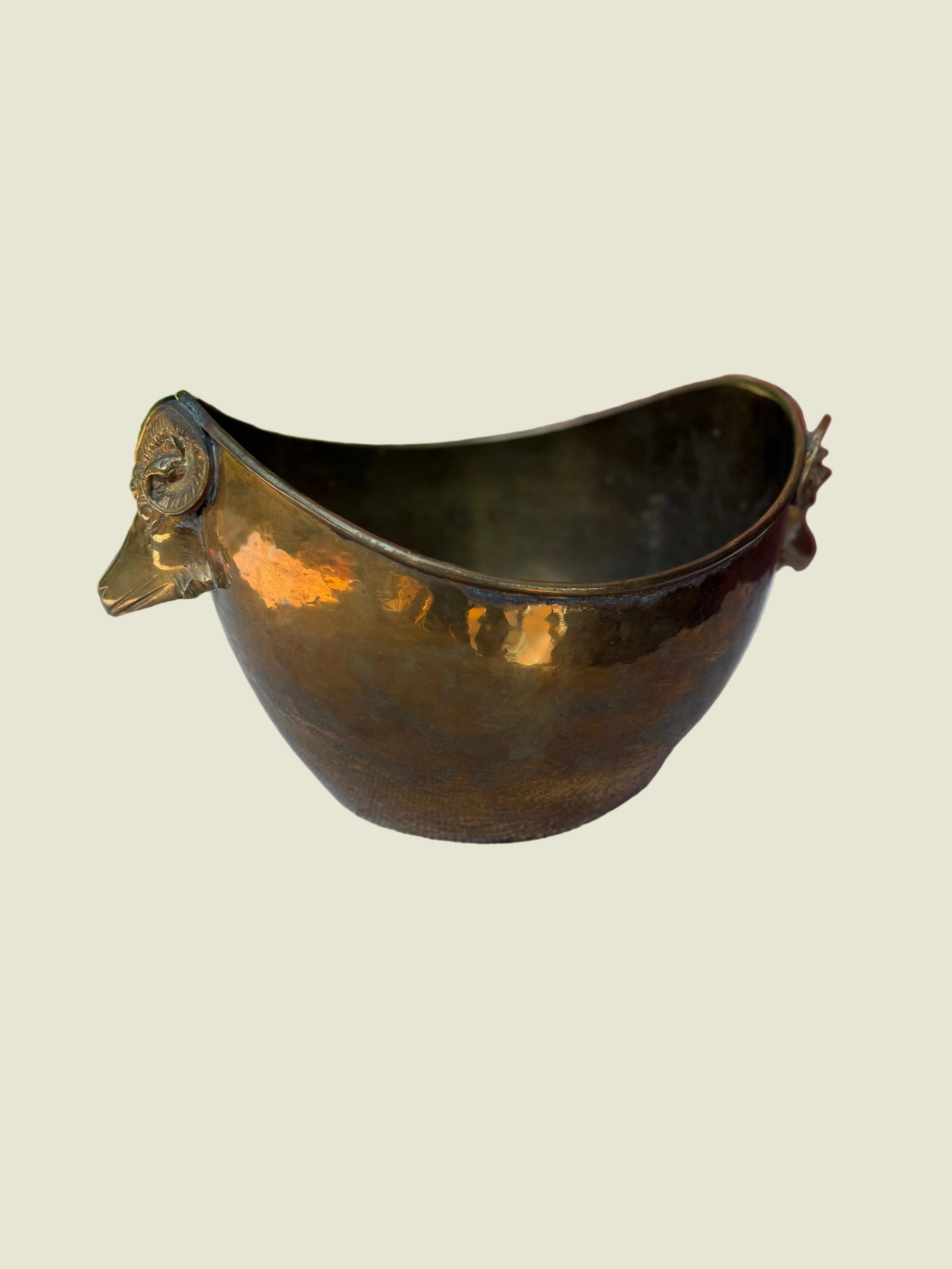 Vintage Brass Jardiniere with Ram Head Mounts
