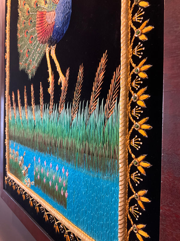 Vintage Silk Embroidered Handstitched Peacock Framed Tapestry