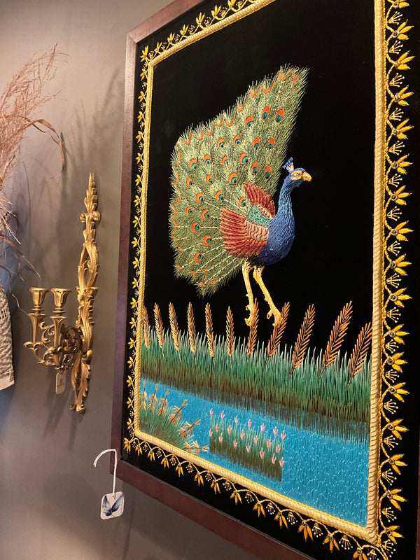 Vintage Silk Embroidered Handstitched Peacock Framed Tapestry