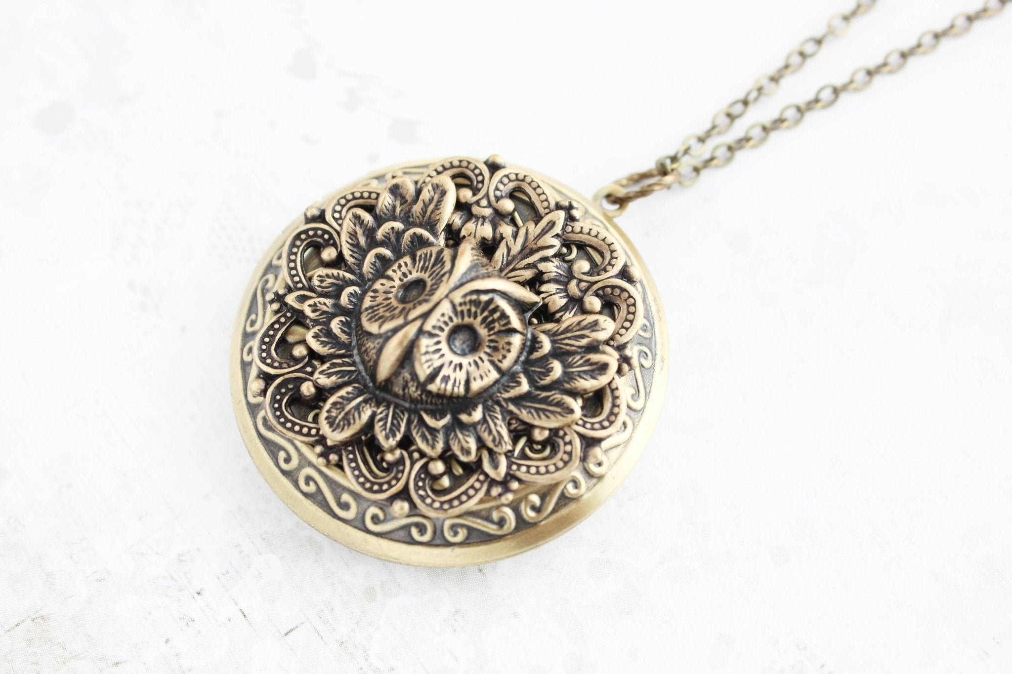 A Pocket of Posies - Owl Locket Necklace - Antiqued Gold Brass: 24 inches - Little Boho Valley