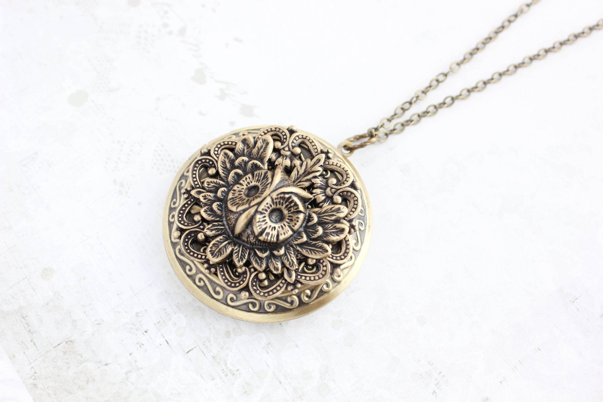 A Pocket of Posies - Owl Locket Necklace - Antiqued Gold Brass: 24 inches - Little Boho Valley