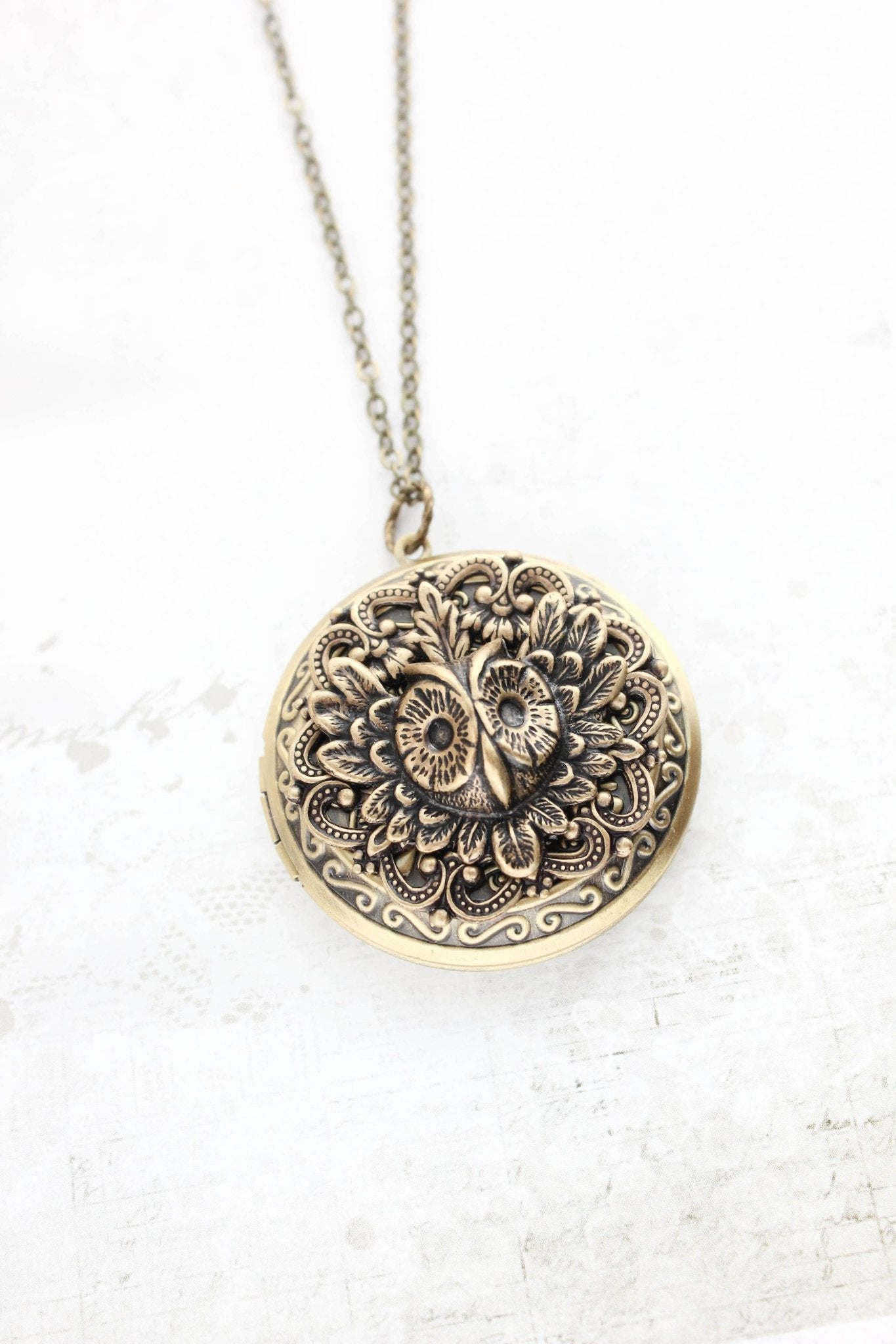 A Pocket of Posies - Owl Locket Necklace - Antiqued Gold Brass: 24 inches - Little Boho Valley