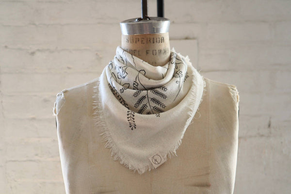 Cream Botanical Print Naturally Dyed Bandana (black ink) - Little Boho Valley