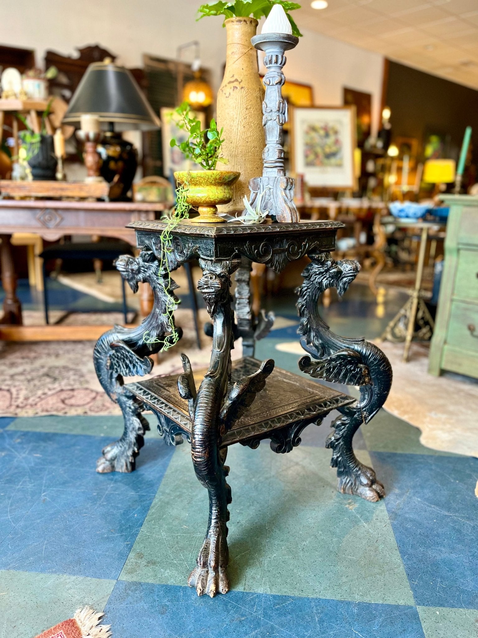 Vintage Ornate Wood Carved Dragon Table - Little Boho Valley