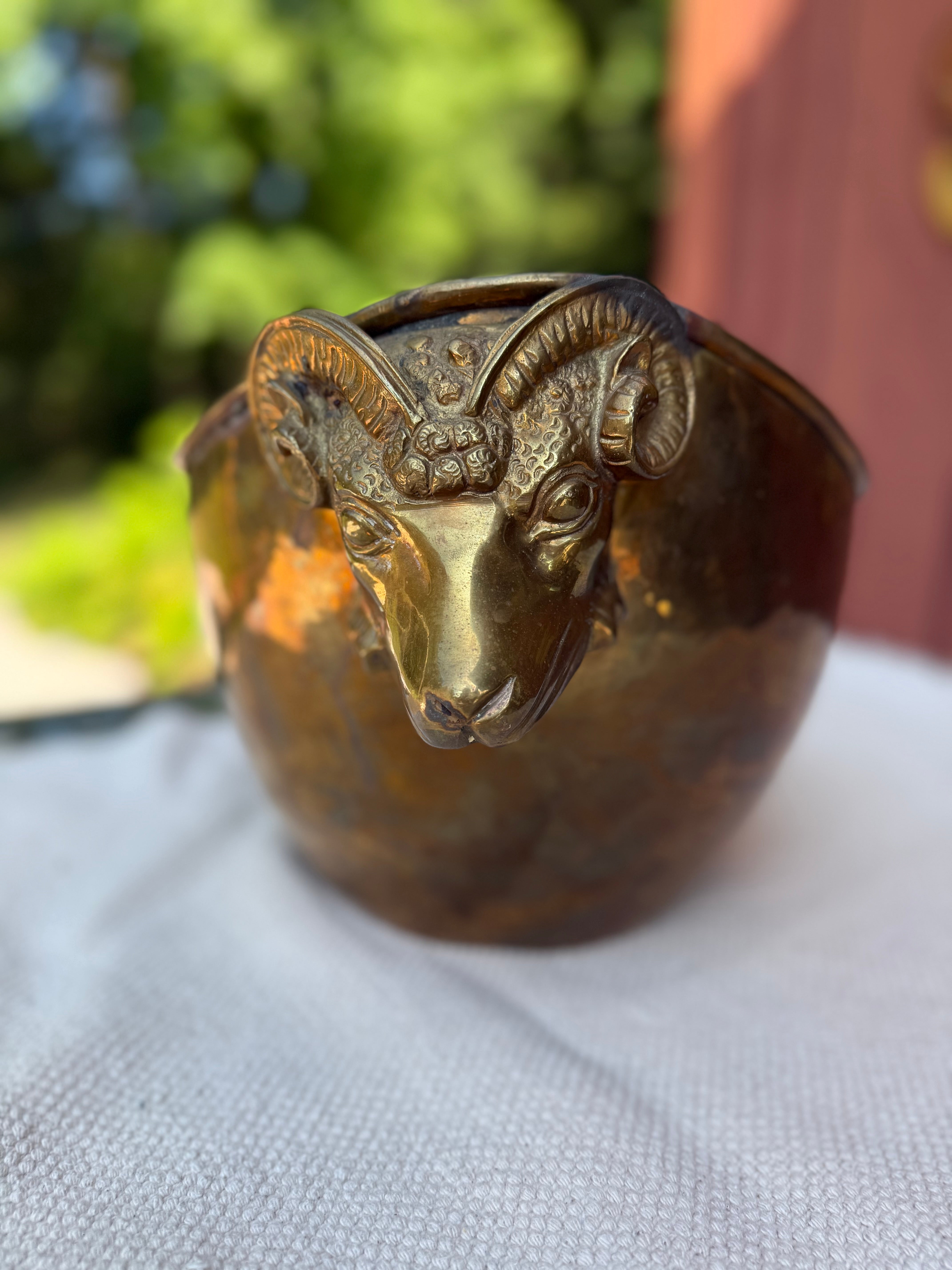 Vintage Brass Jardiniere with Ram Head Mounts