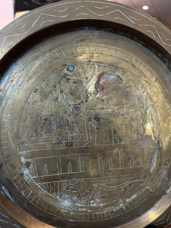 Vintage Patina Brass Egyptian Style Engraved Tray