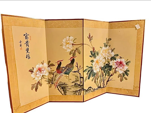 F&F Chinese Byobu Peonies and Pheasants Paint on Silk