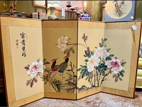 F&F Chinese Byobu Peonies and Pheasants Paint on Silk