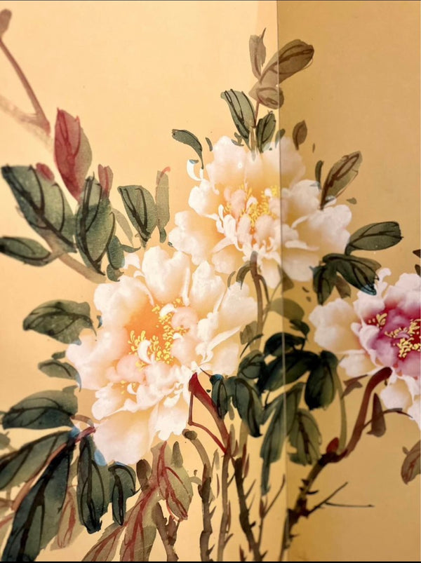 F&F Chinese Byobu Peonies and Pheasants Paint on Silk