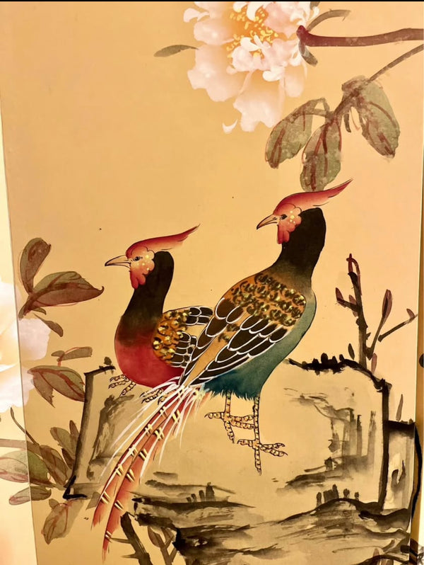 F&F Chinese Byobu Peonies and Pheasants Paint on Silk