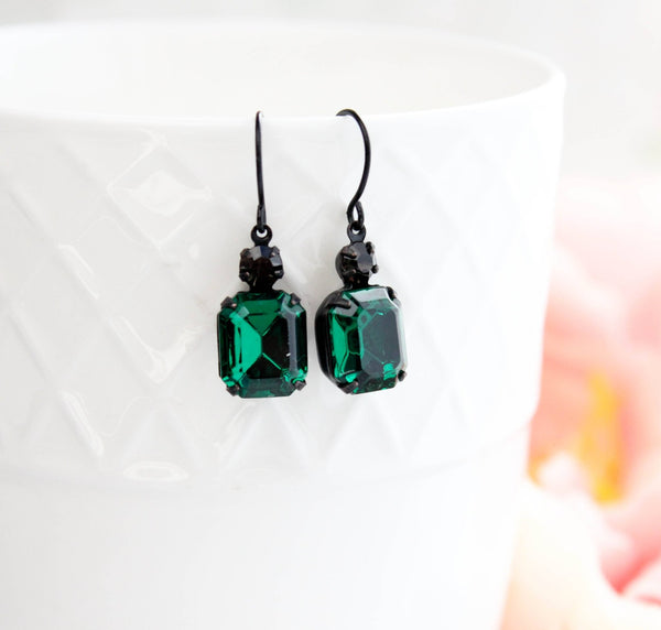 A Pocket of Posies - Emerald Green Earrings | Vintage Glass Jewels | Black Drops - Little Boho Valley