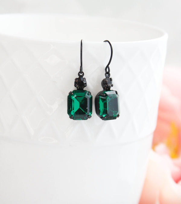 A Pocket of Posies - Emerald Green Earrings | Vintage Glass Jewels | Black Drops - Little Boho Valley