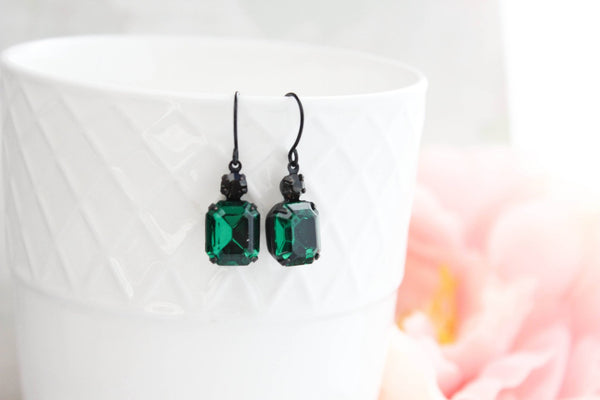 A Pocket of Posies - Emerald Green Earrings | Vintage Glass Jewels | Black Drops - Little Boho Valley