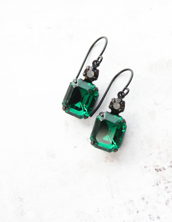 A Pocket of Posies - Emerald Green Earrings | Vintage Glass Jewels | Black Drops - Little Boho Valley