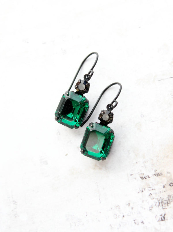 A Pocket of Posies - Emerald Green Earrings | Vintage Glass Jewels | Black Drops - Little Boho Valley