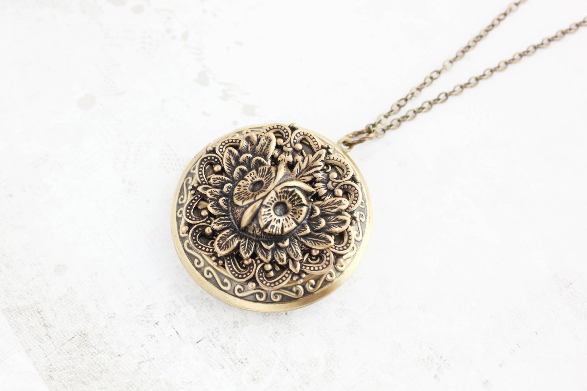 A Pocket of Posies - Owl Locket Necklace - Antiqued Gold Brass: 24 inches - Little Boho Valley