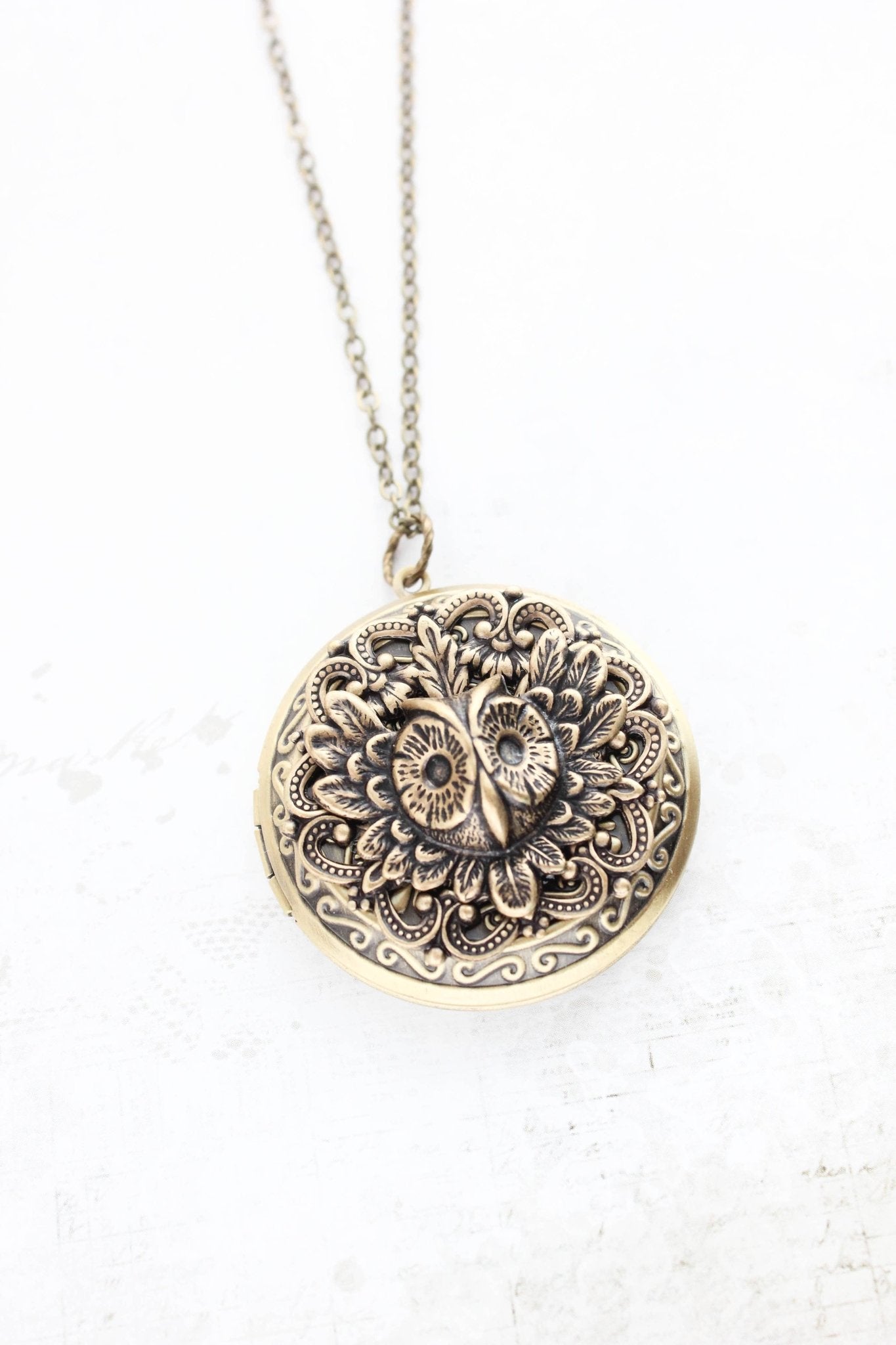 A Pocket of Posies - Owl Locket Necklace - Antiqued Gold Brass: 24 inches - Little Boho Valley