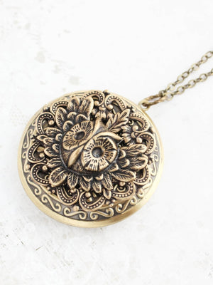 A Pocket of Posies - Owl Locket Necklace - Antiqued Gold Brass: 28 inches - Little Boho Valley