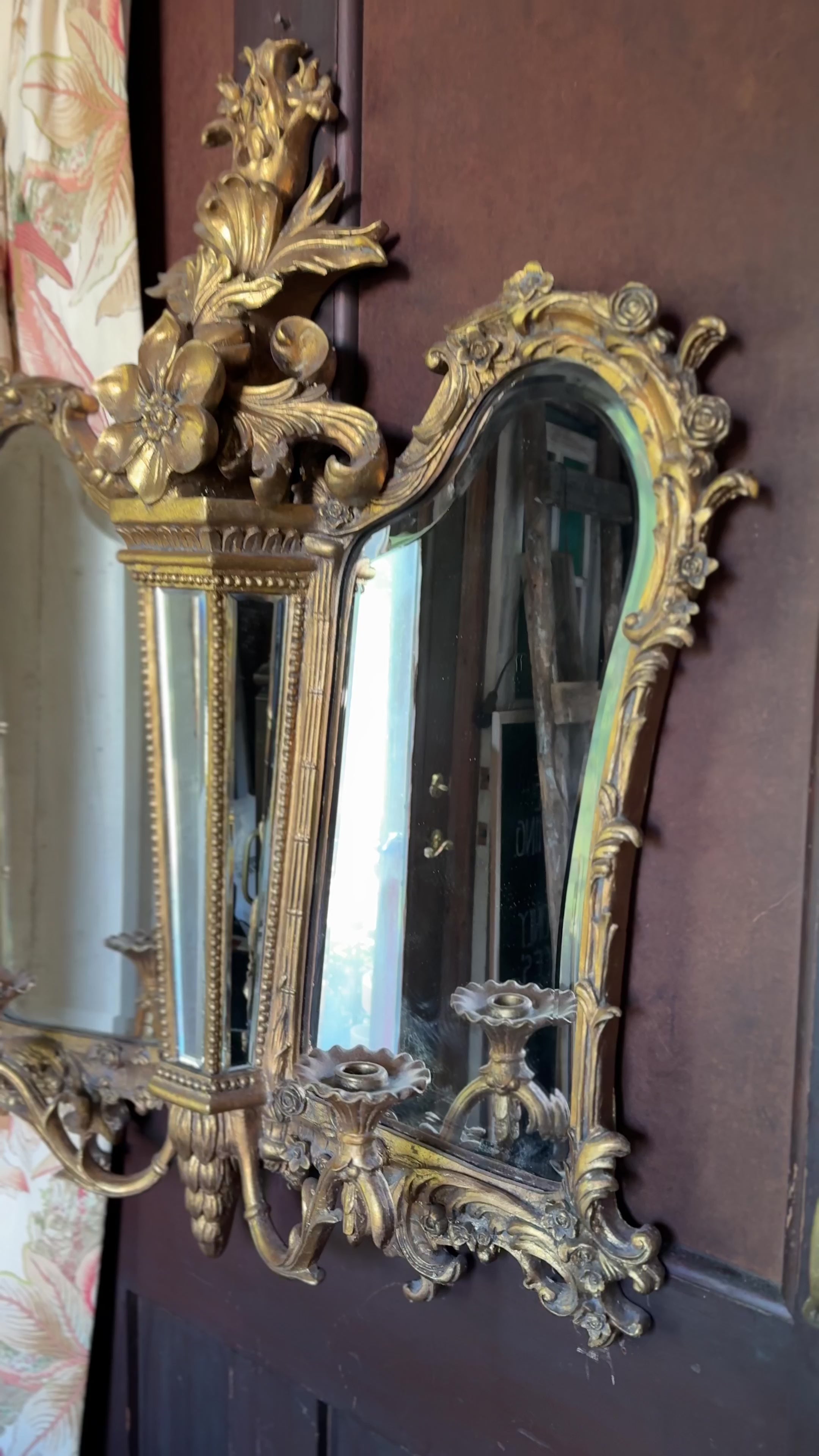 Rococo Revival Gold Gilded Antique Mirror with Roses