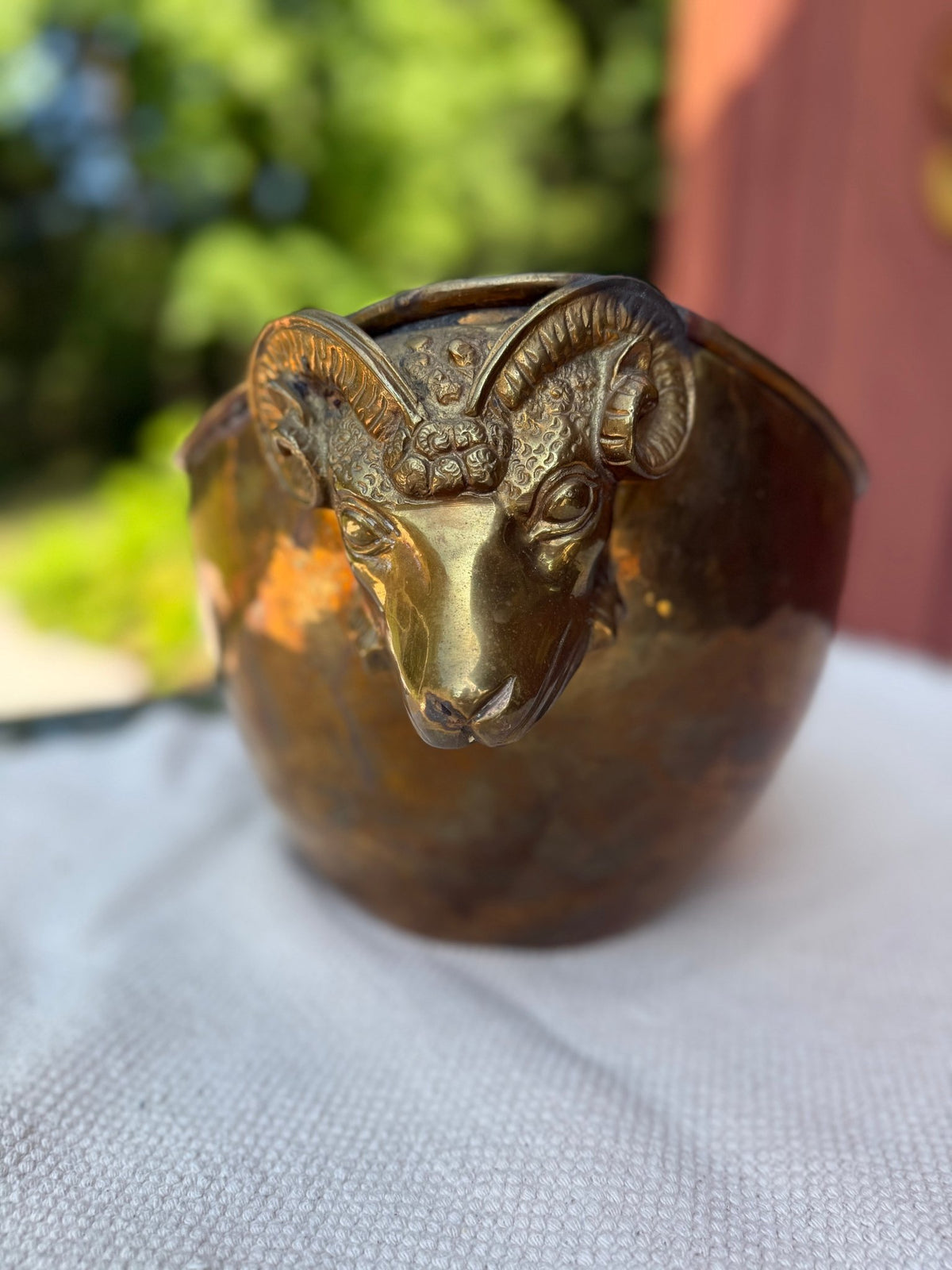 Vintage Brass Jardiniere with Ram Head Mounts - Little Boho Valley