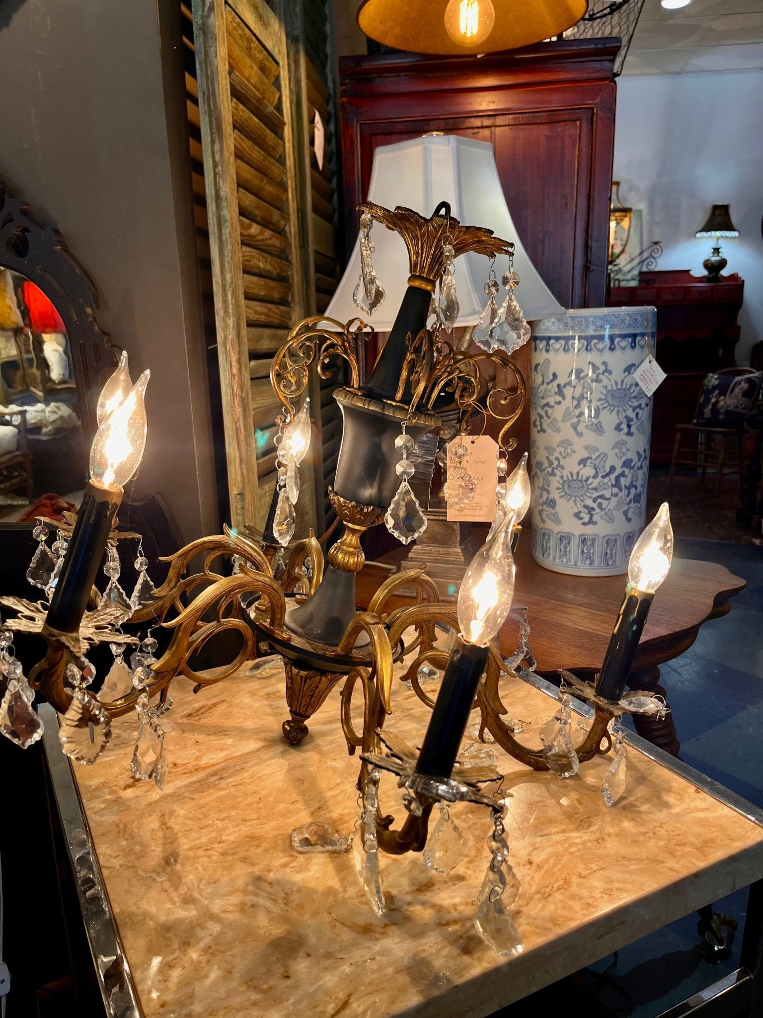Vintage Hollywood Regency Style Black and Gold Chandelier - Little Boho Valley