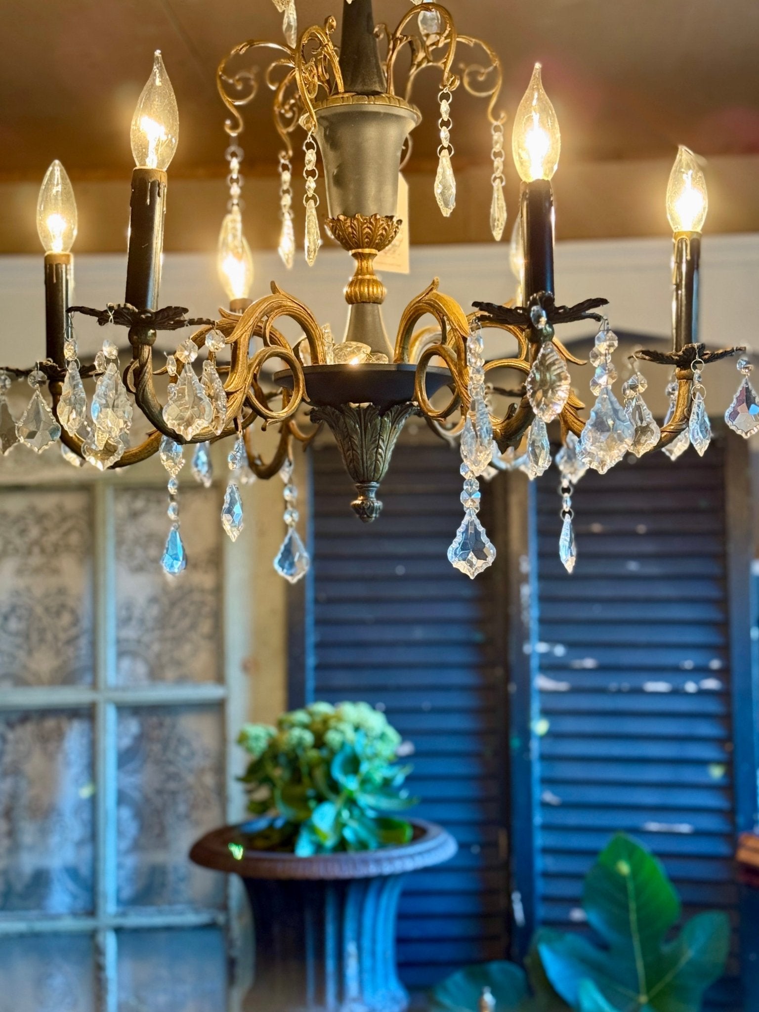 Vintage Hollywood Regency Style Black and Gold Chandelier