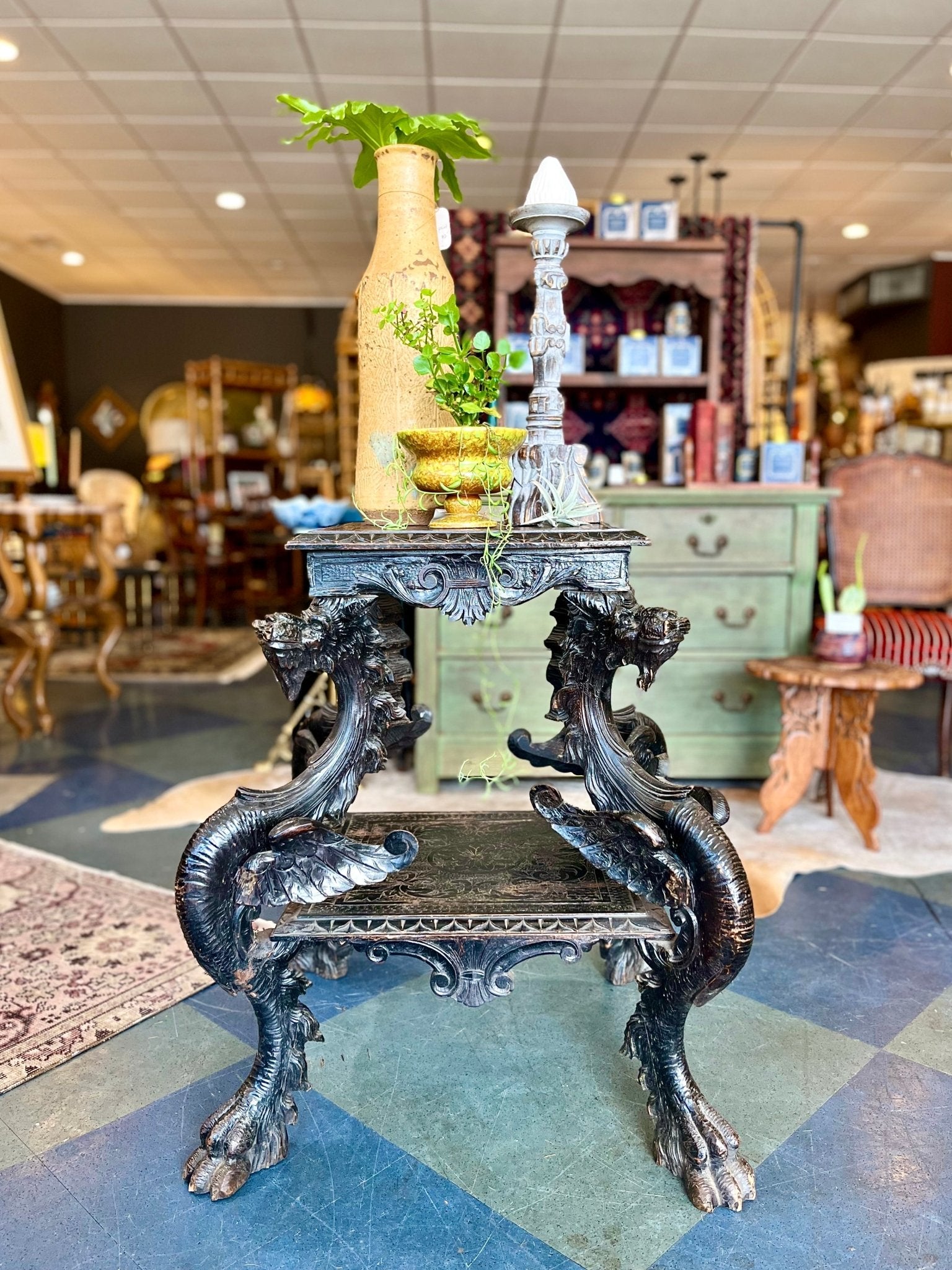 Vintage Ornate Wood Carved Dragon Table - Little Boho Valley