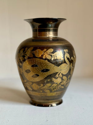 Vintage Peacock Etched Brass Vase - Little Boho Valley