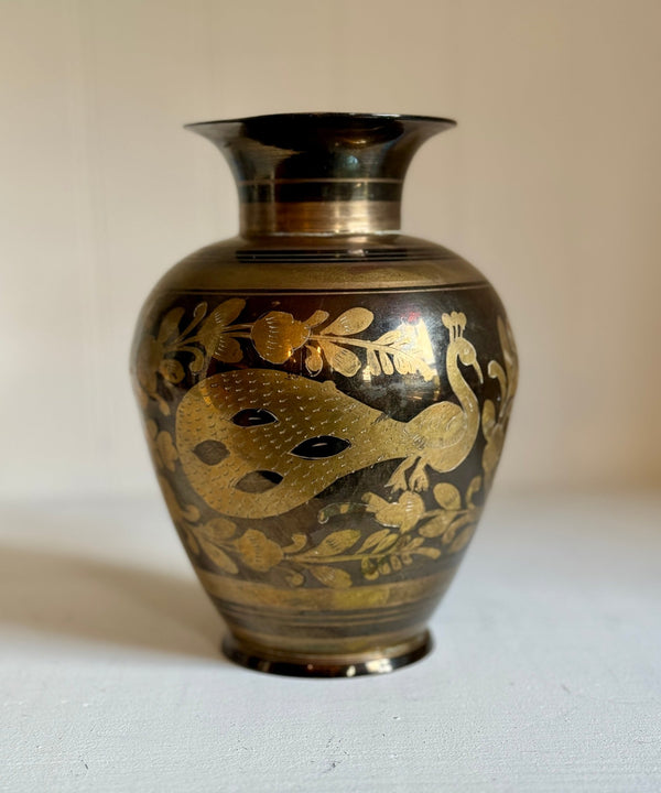 Vintage Peacock Etched Brass Vase - Little Boho Valley