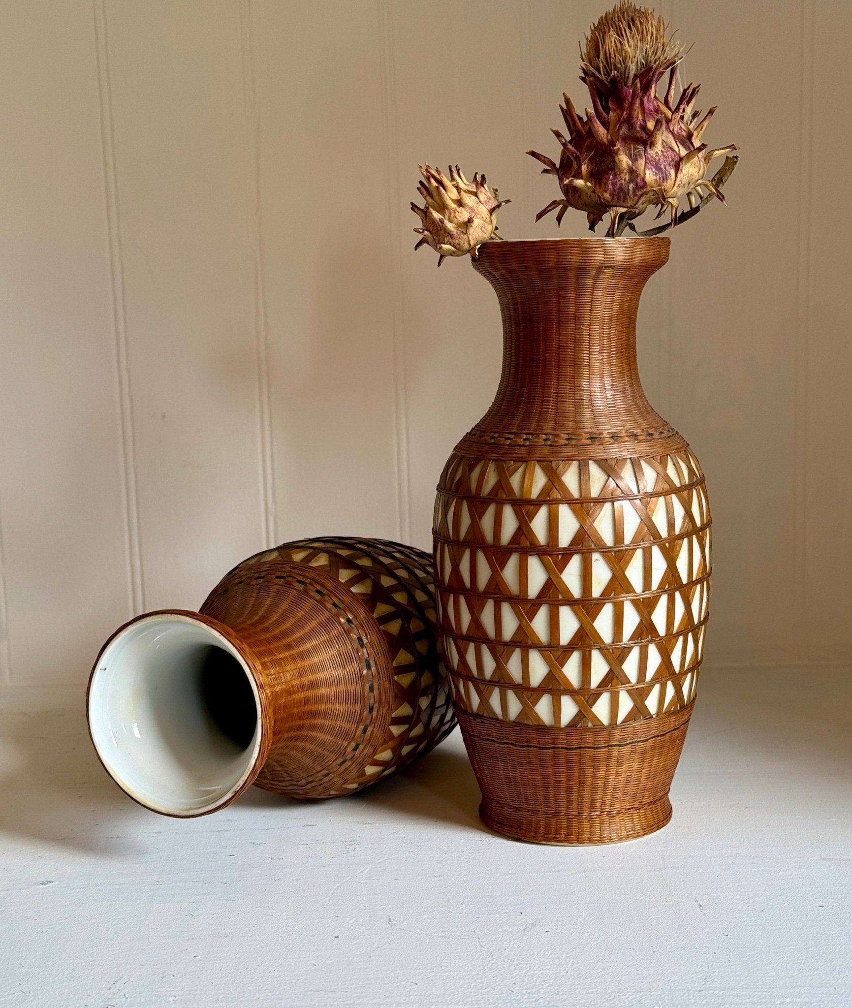 Vintage Porcelain Vases with Woven Rattan Pattern - Little Boho Valley