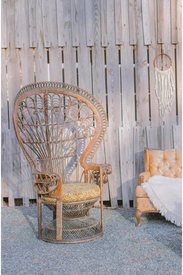 BROWN ORNATE PEACOCK CHAIR - RENTAL - Little Boho Valley